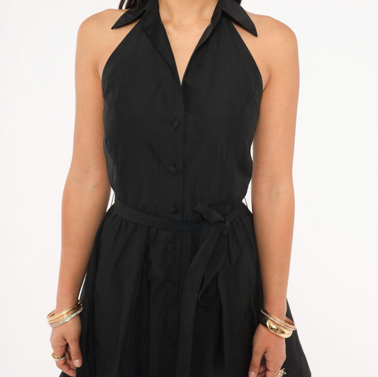 Calvin Klein Halter Mini Dress Black Button Front Open Back Tie Waist Extra Small XS