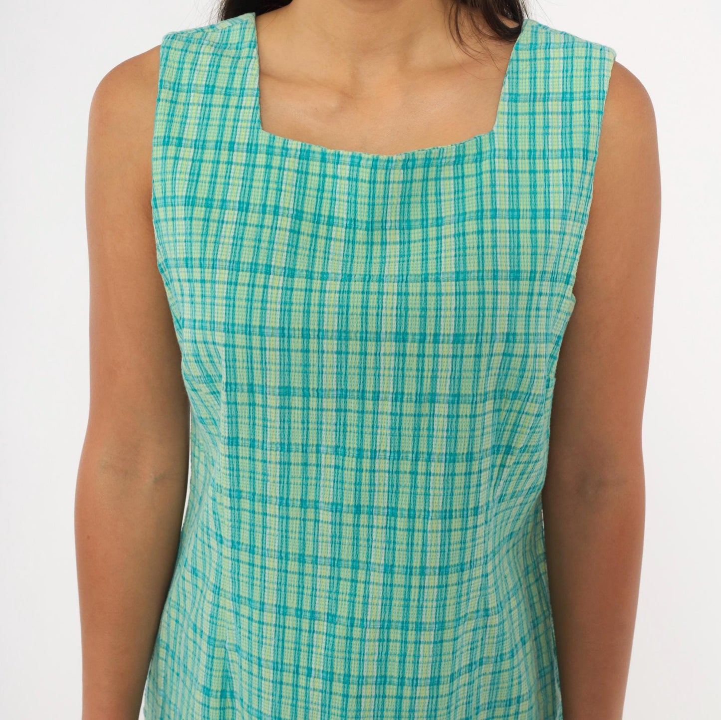 90s Elliott Lauren Plaid Shift Dress Aqua Green Check Square Neck Large L