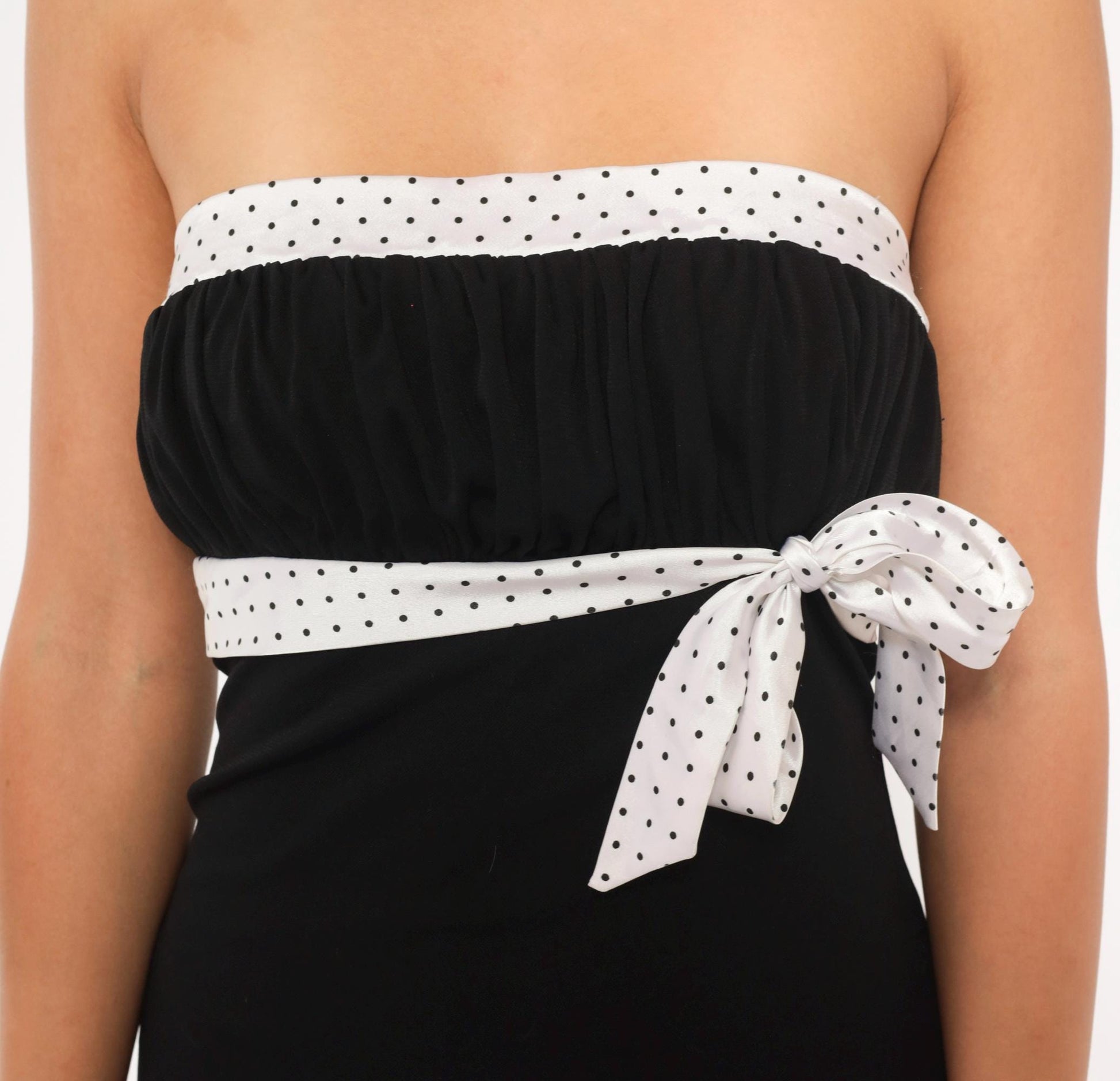 2000s Trixxi Black White Polka Dot Strapless Dress Ruffle Hem Medium M