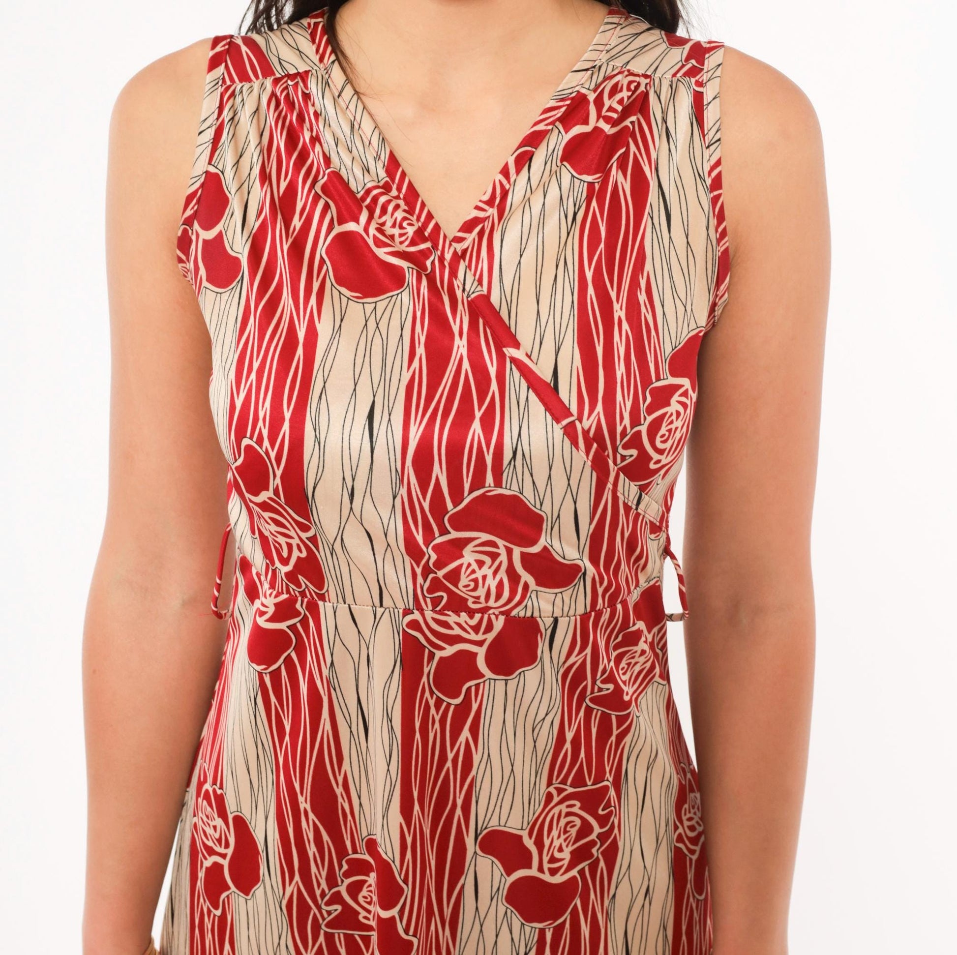90s YS USA Rose Floral Dress Red Cream V Neck A Line Knee Length Small