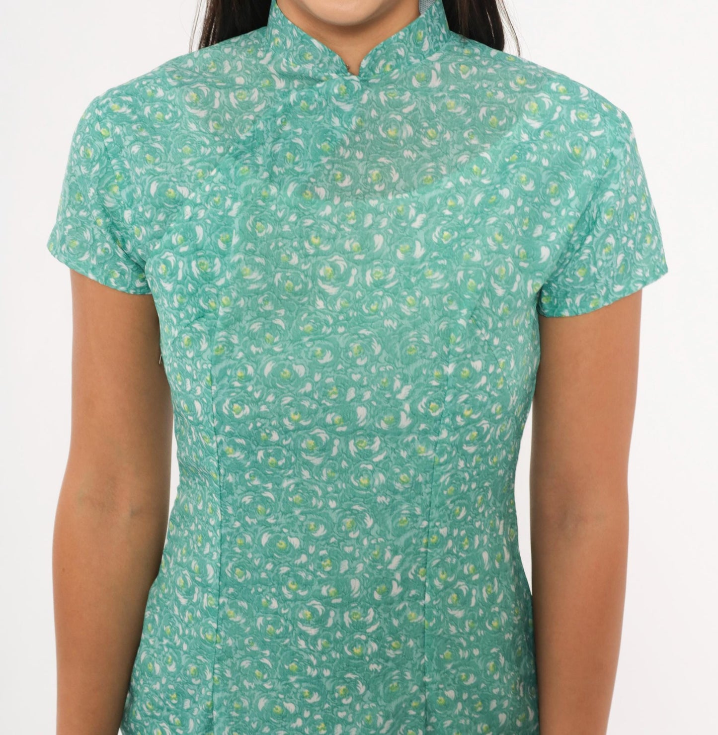 70s Cheongsam Dress Teal Floral Print Mandarin Collar Qipao Fitted Knee XS