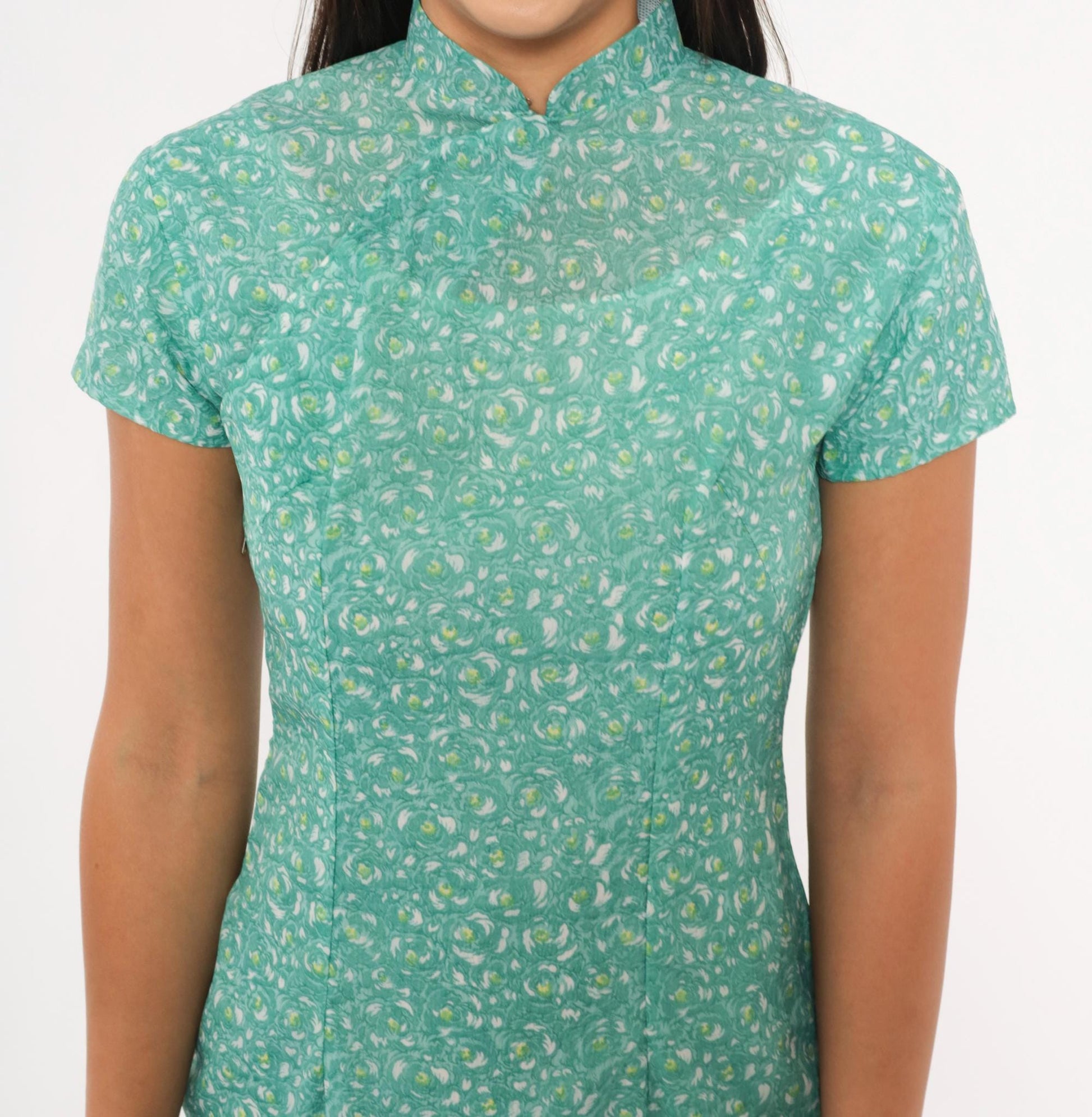70s Cheongsam Dress Teal Floral Print Mandarin Collar Qipao Fitted Knee XS