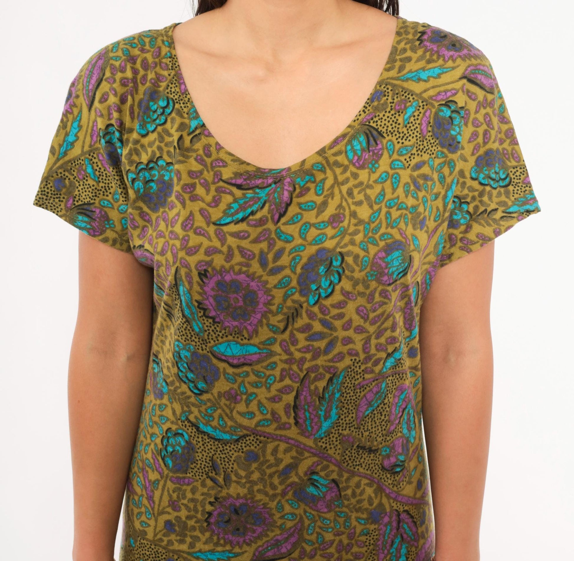 2000s Nina Hazan Olive Floral Midi Dress V-Neck Ruffle Hem Small