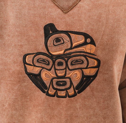 90s Pacific Northwest Native Art Embroidered Sweatshirt Stonewash Tan Medium