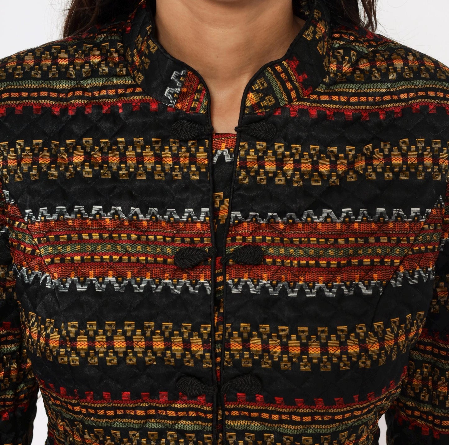 90s Juno Esque Quilted Jacket Mandarin Collar Tribal Stripe Black Gold Red Small