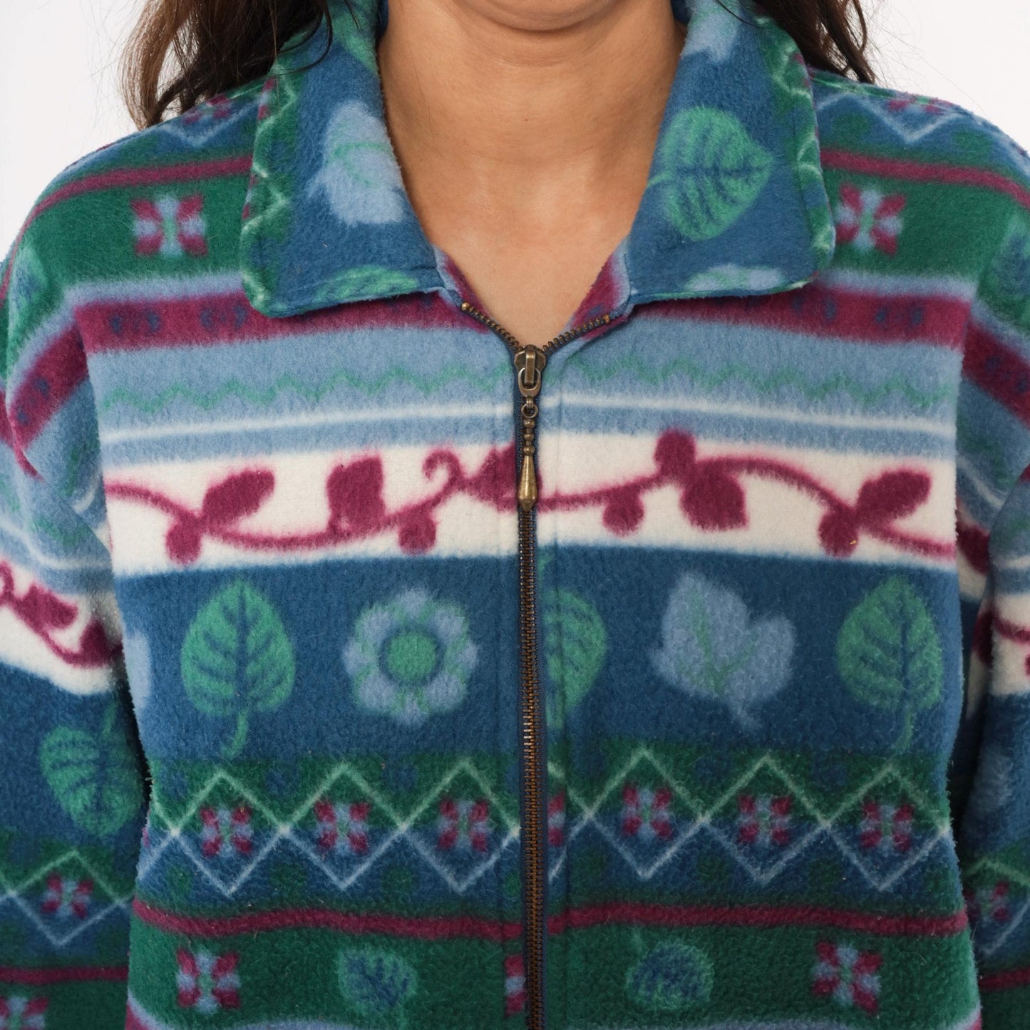 90s Teddi Floral Fleece Jacket Teal Burgundy Leaf Print Zip-Up Medium