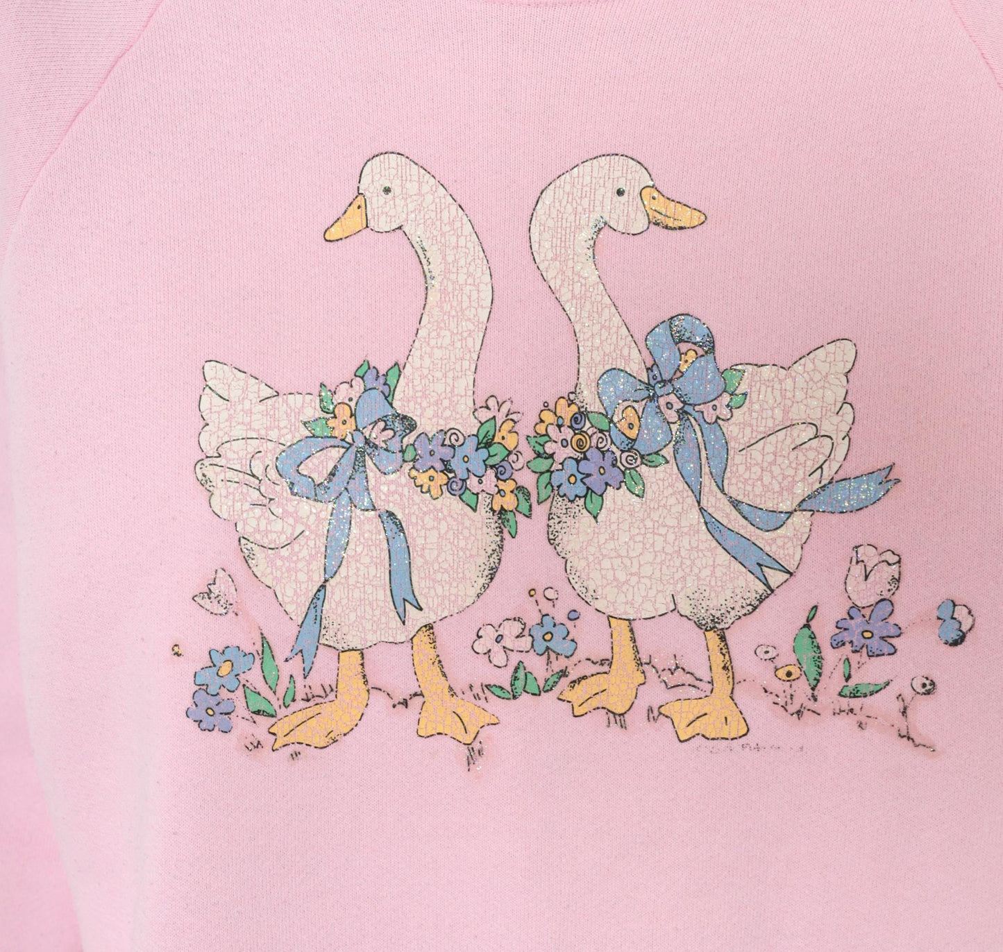 90s Pink Geese Crewneck Sweatshirt Raglan Sleeve Floral Graphic Cotton Large L