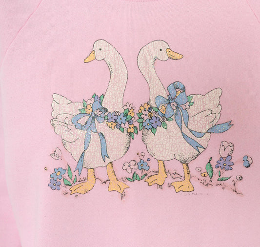 90s Pink Geese Crewneck Sweatshirt Raglan Sleeve Floral Graphic Cotton Large L