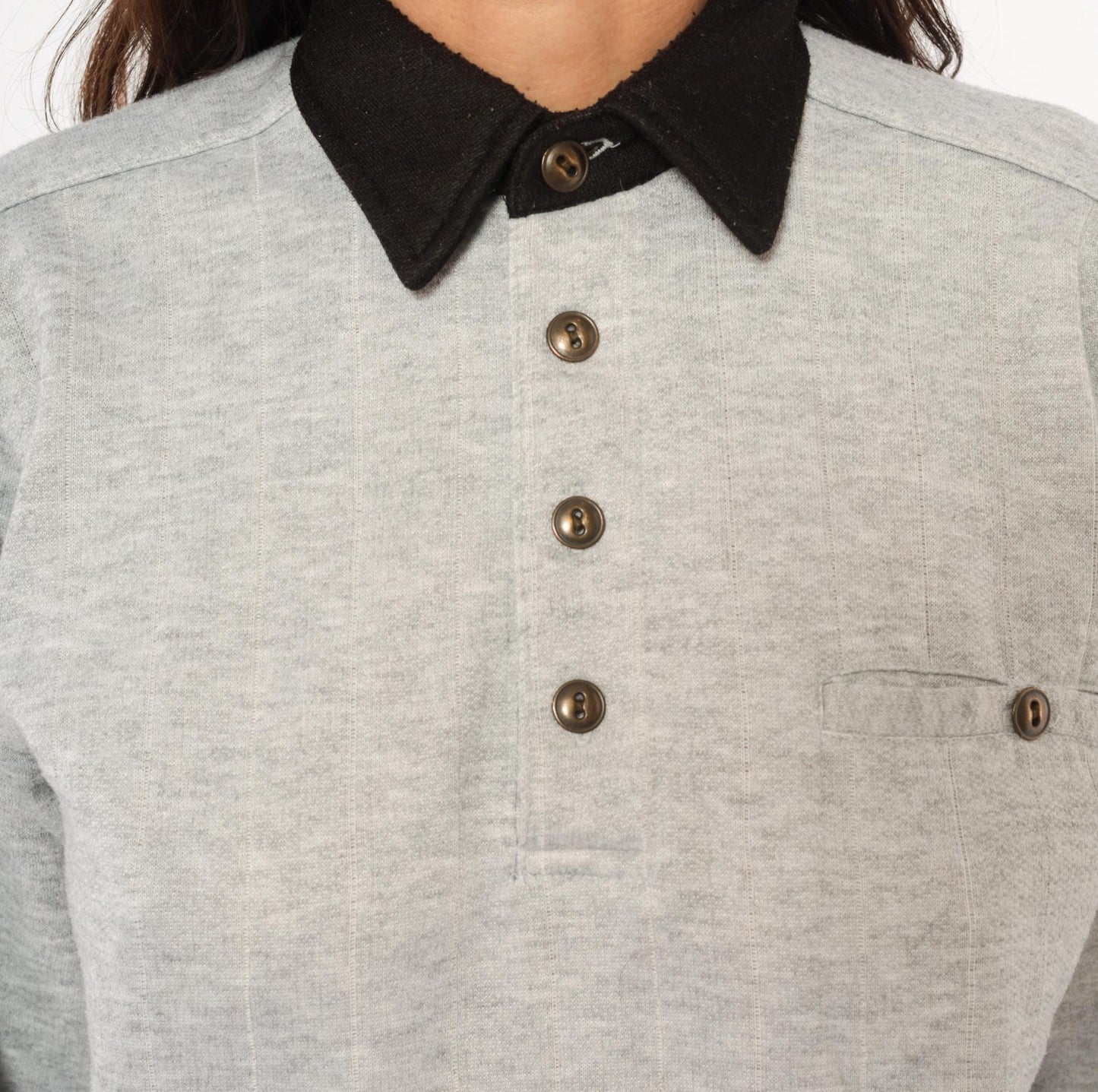 90s Scandia Woods Henley Sweatshirt Black Collar Elbow Patch Grey Small