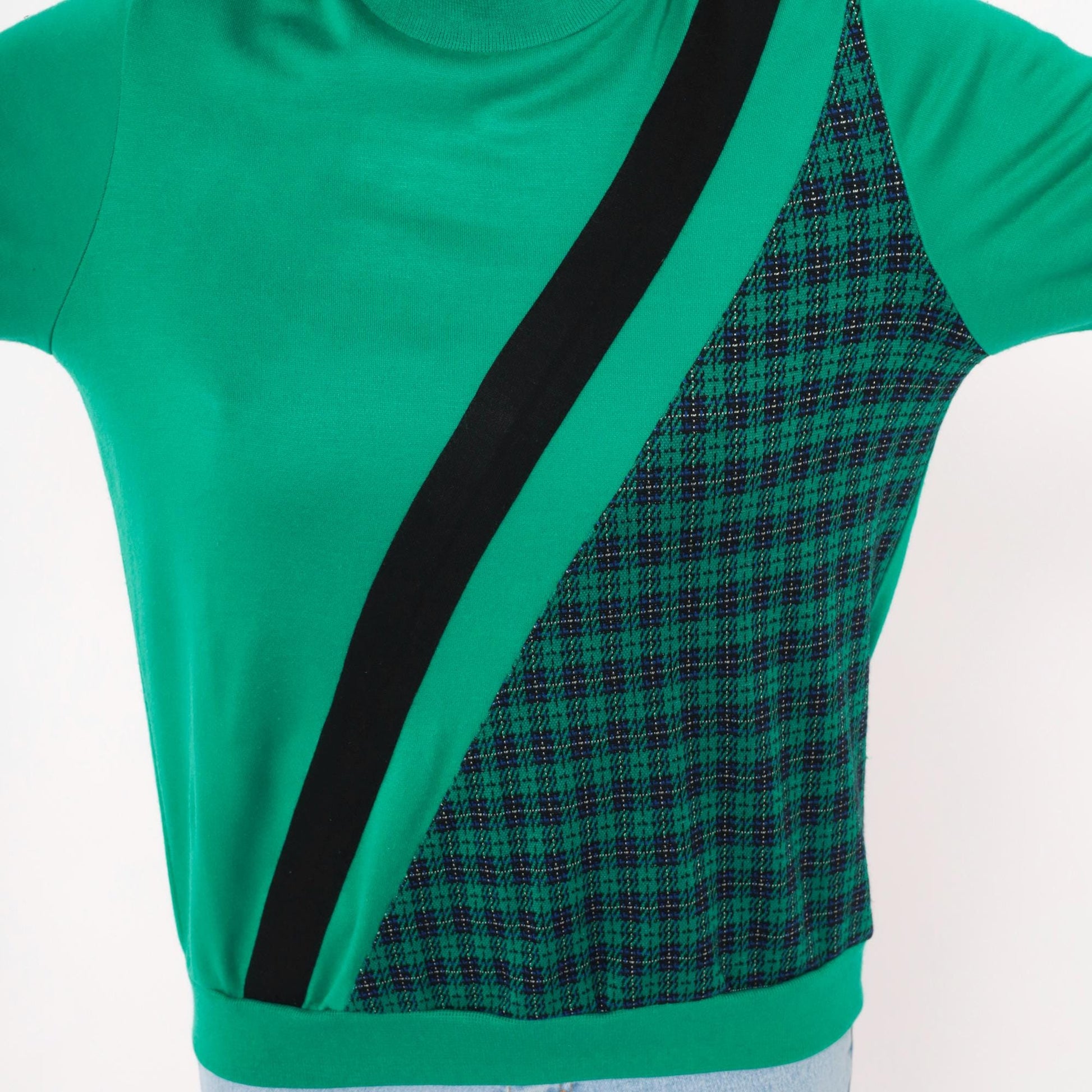 80s Alfred Dunner Mock Neck Sweatshirt Green Houndstooth Plaid Panel Small