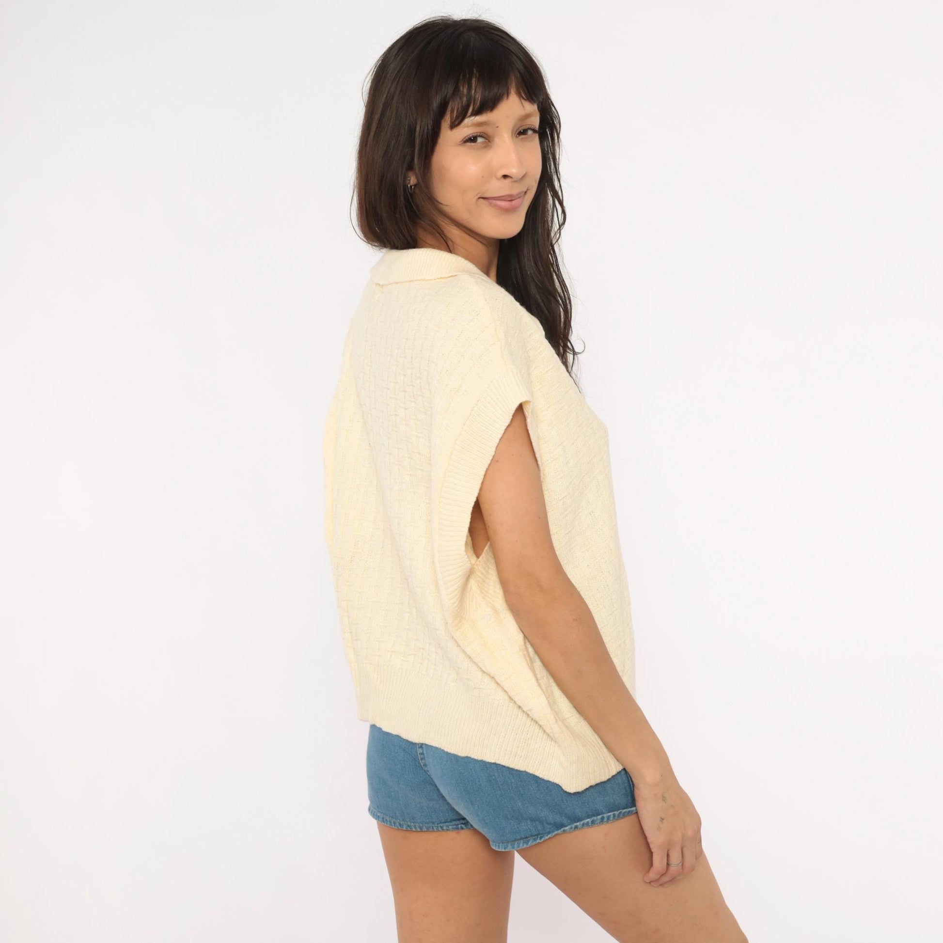 70s Cream Knit Polo Sweater Cap Sleeve V-Neck Collared Pullover Extra Large XL