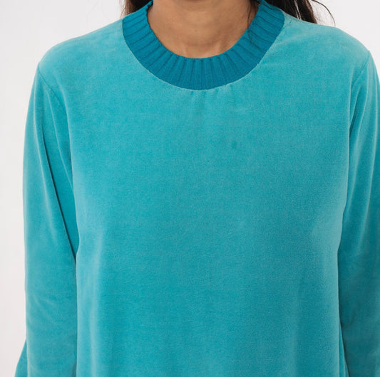 80s Sears Velour Crewneck Sweatshirt Teal Aqua Ribbed Trim Small