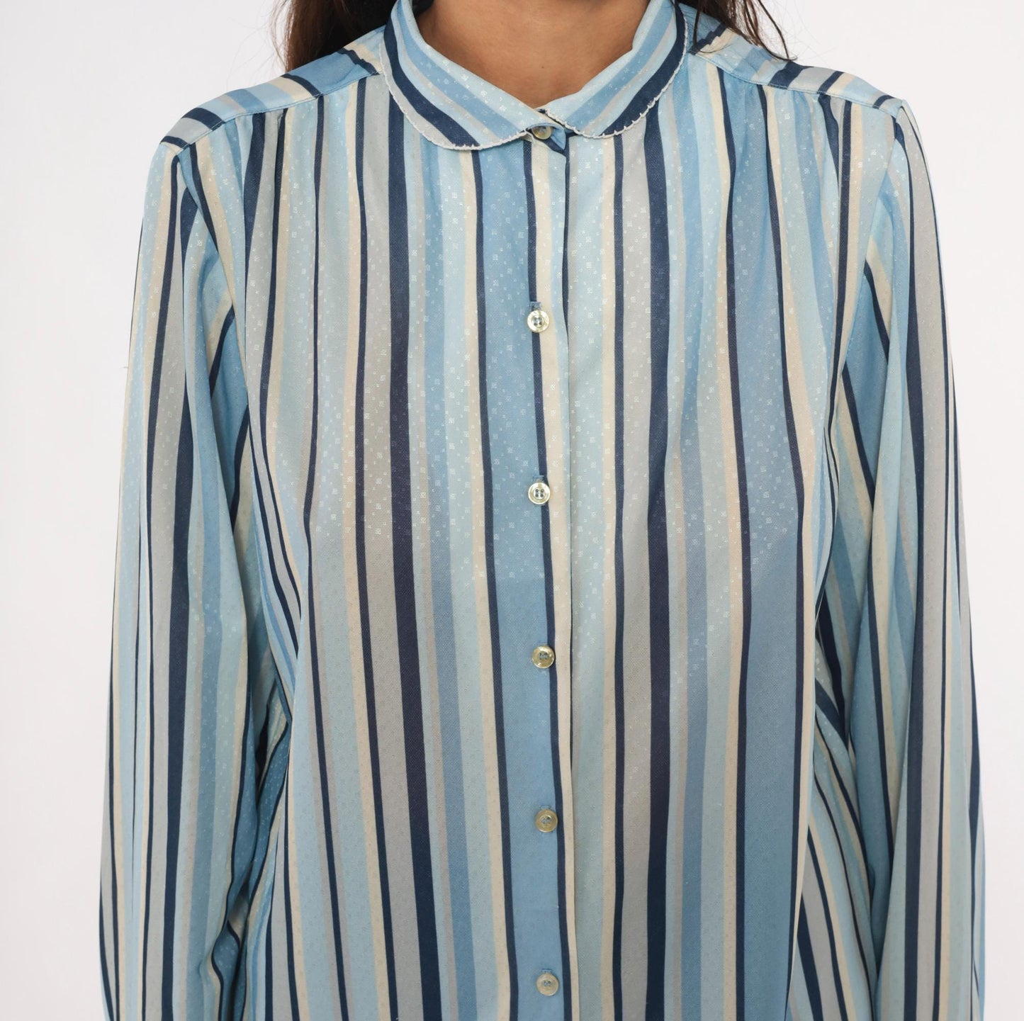 70s Queen Casuals Striped Button Blouse Peter Pan Collar Navy Cream Medium M