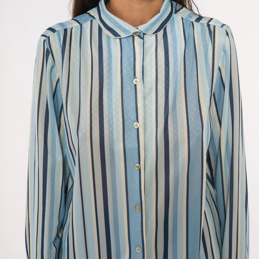 70s Queen Casuals Striped Button Blouse Peter Pan Collar Navy Cream Medium M