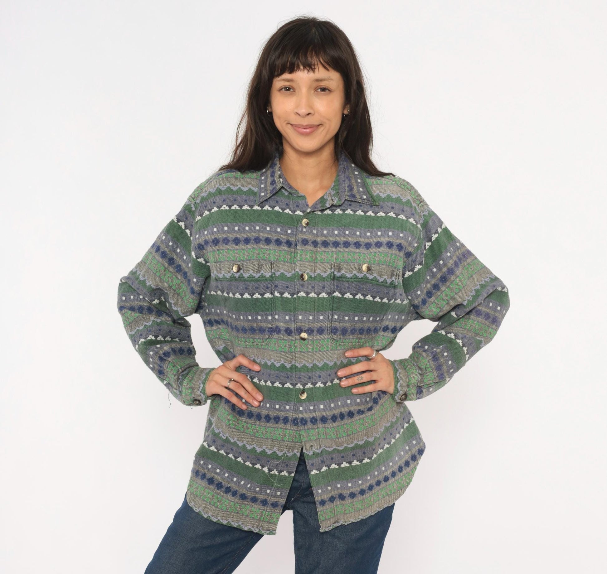 90s Point Zero Geometric Flannel Shirt Green Navy Jacquard Folk Pattern Medium