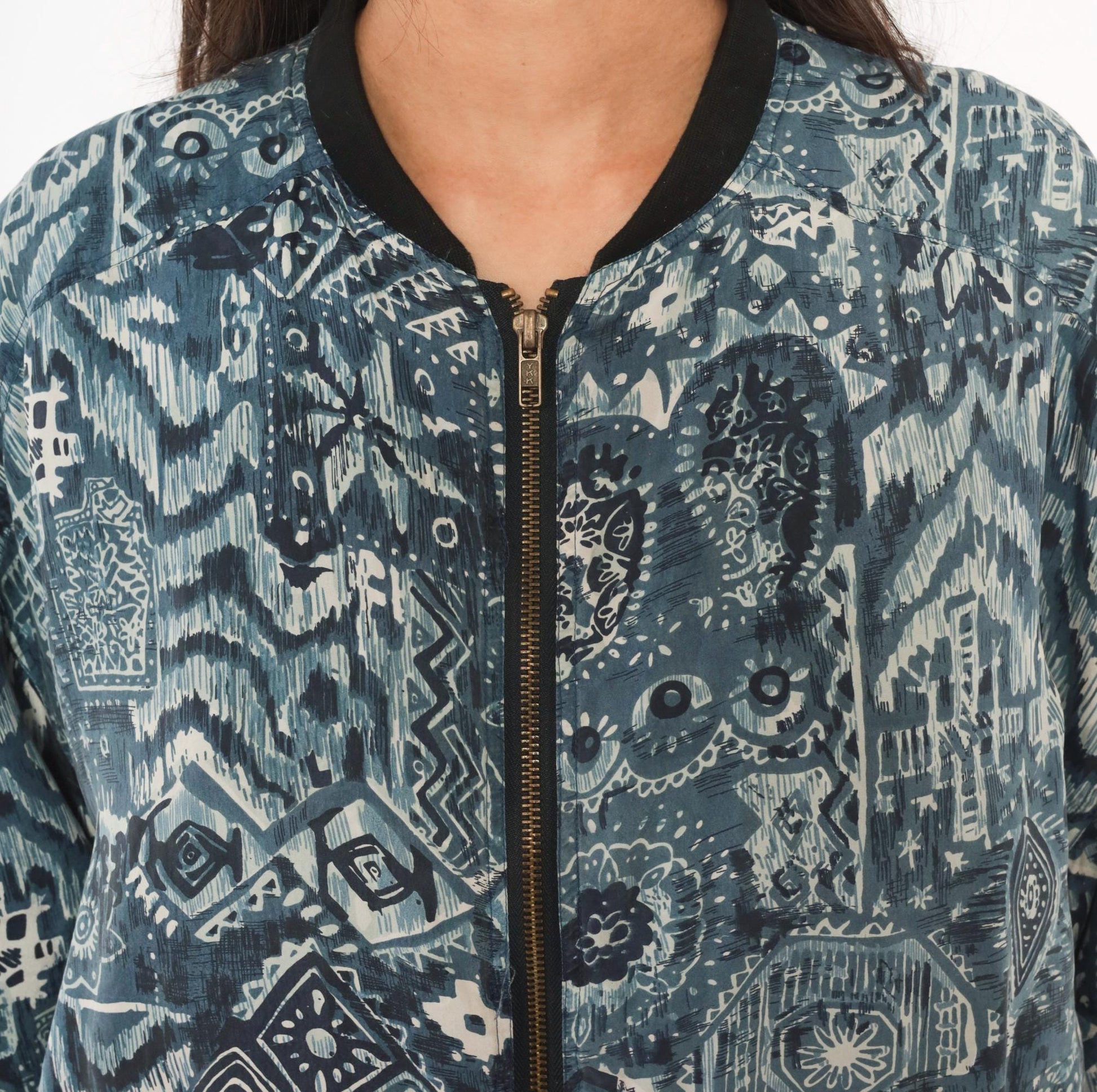 90s Silk Bomber Jacket Abstract Tribal Print Blue Grey Unisex Small