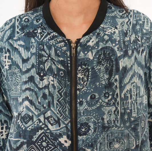 90s Silk Bomber Jacket Abstract Tribal Print Blue Grey Unisex Small