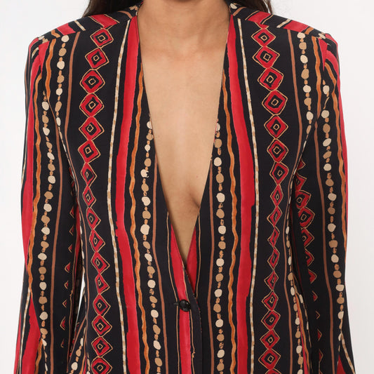 90s Southern Lady Tribal Stripe Blazer Collarless Geometric Black Small