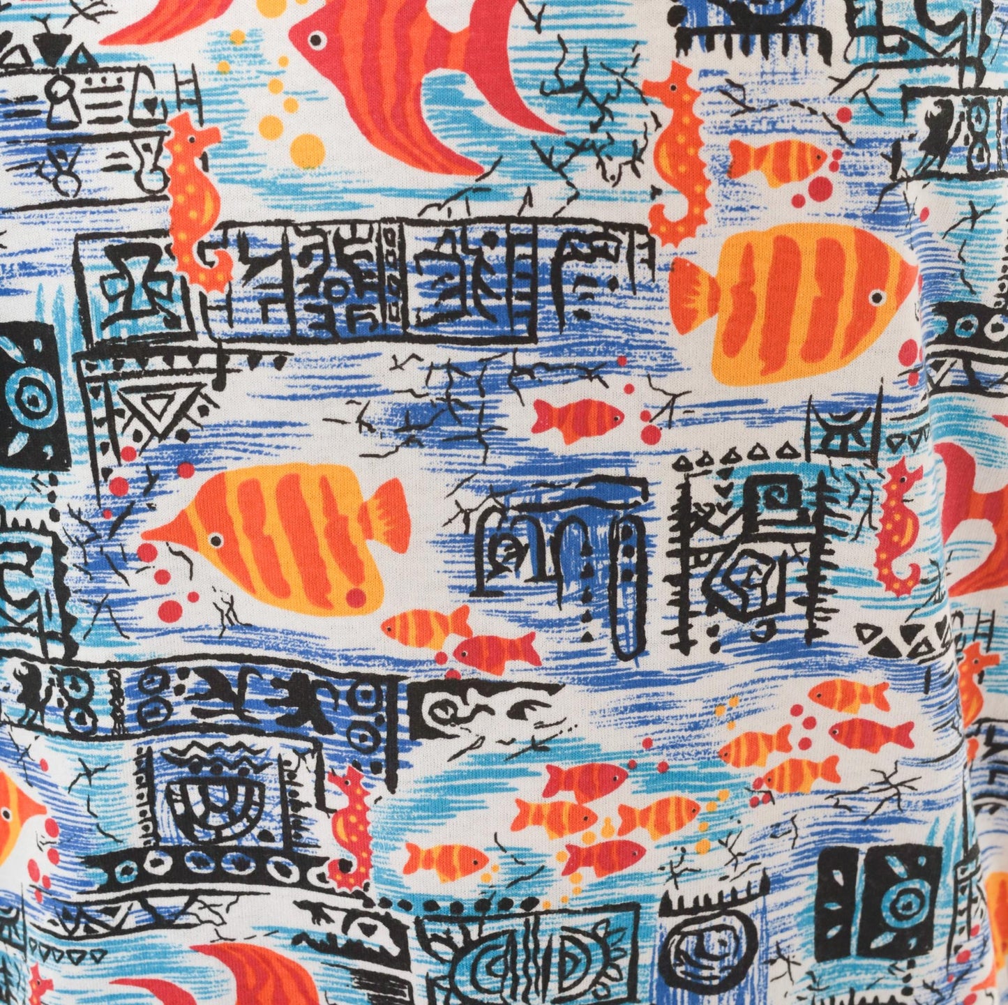 90s Barnett Tropical Fish Print Cotton Tee V-Neck Angelfish Seahorse Blue Orange Large L