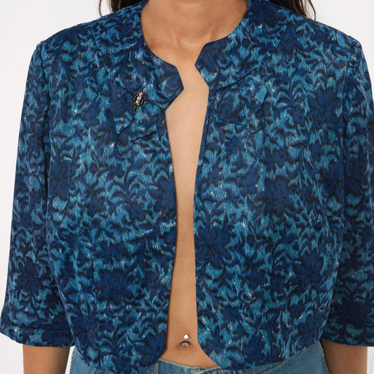 60s Cobalt Jacquard Bolero Jacket Floral Damask Three Quarter Sleeve Medium M