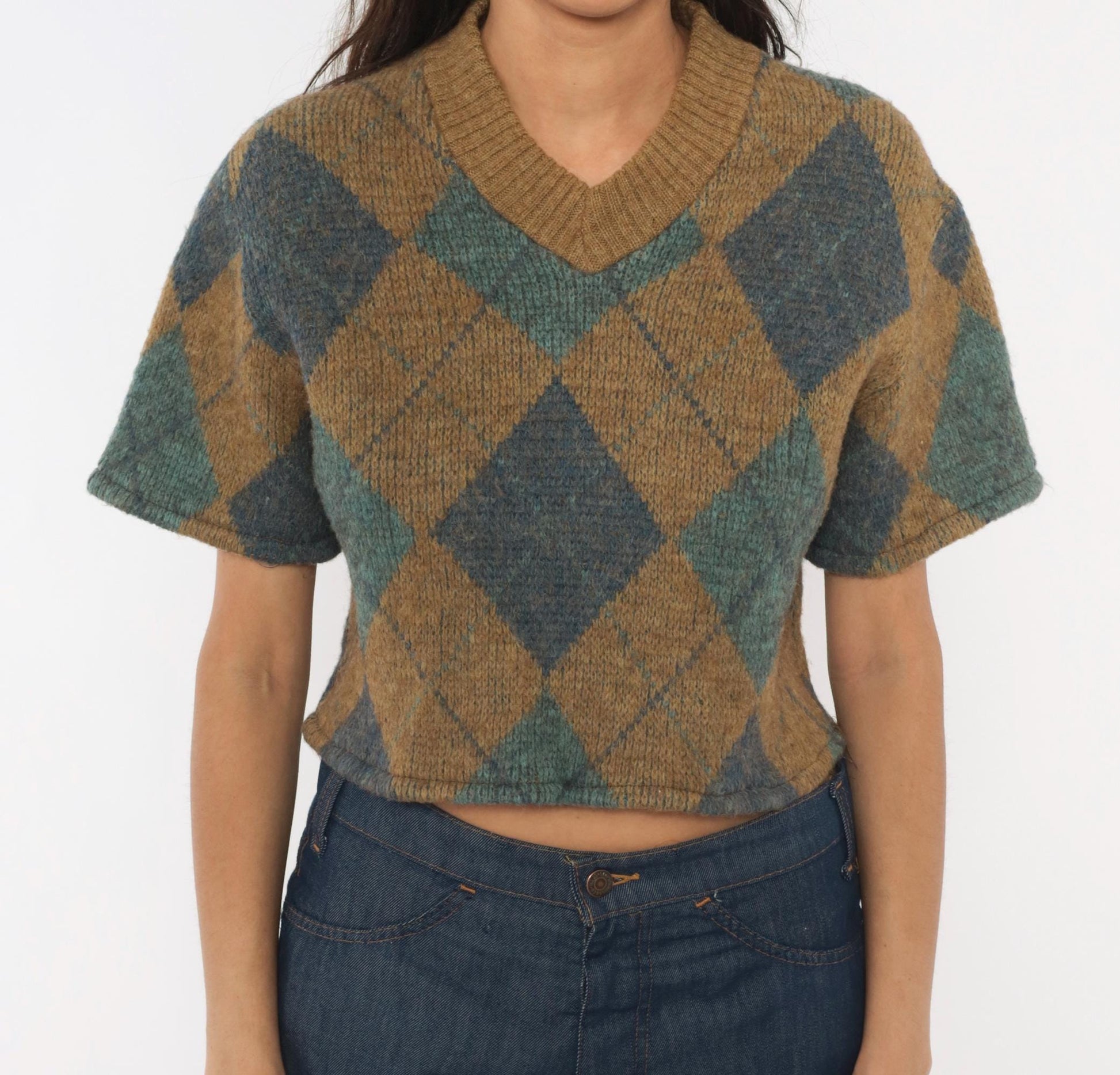 70s Brentwood Argyle Crop Sweater Wool V-Neck Tan Blue Small S