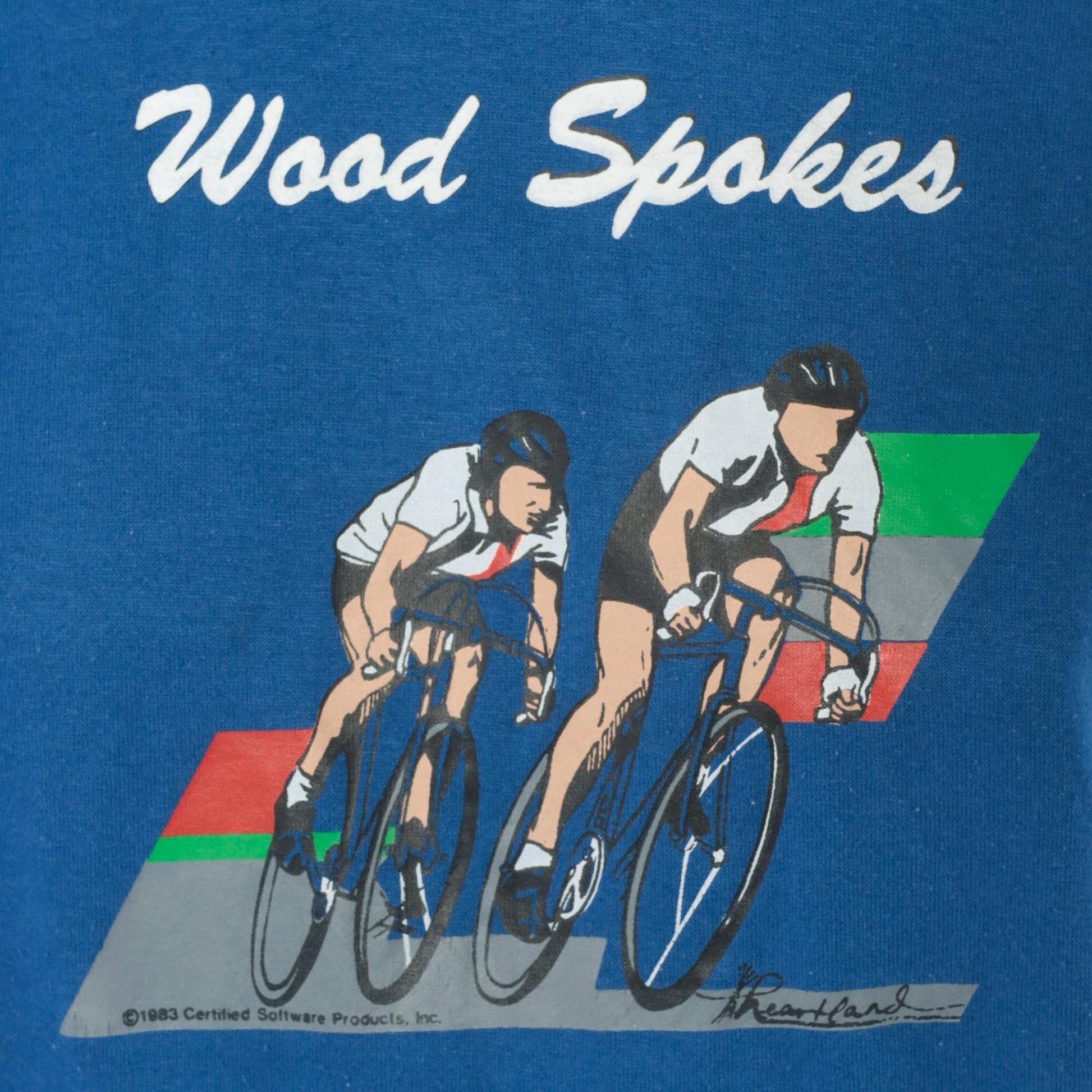 80s Jerzees Wood Spokes Cycling Graphic Tee Blue Crew Neck Large L