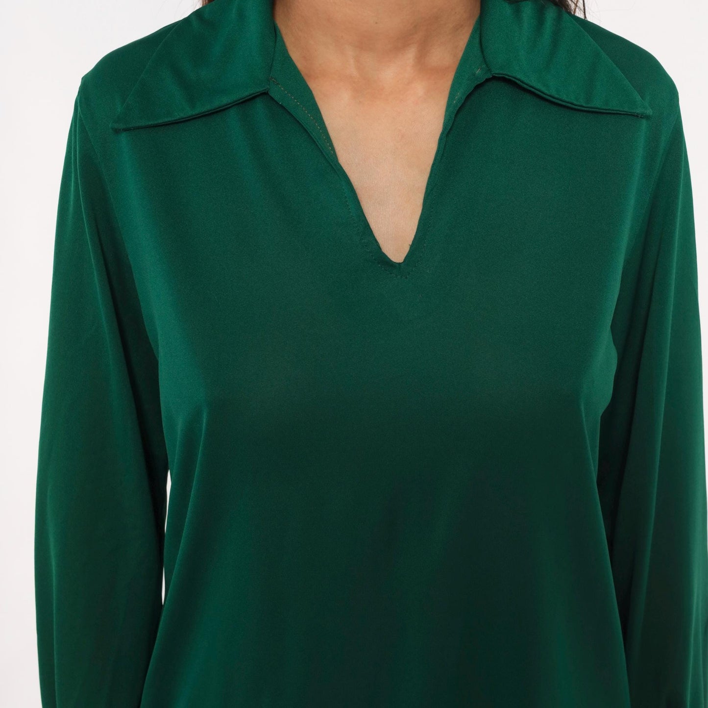 70s Sears Emerald Polo Blouse V-Neck Spread Collar Balloon Sleeve Large