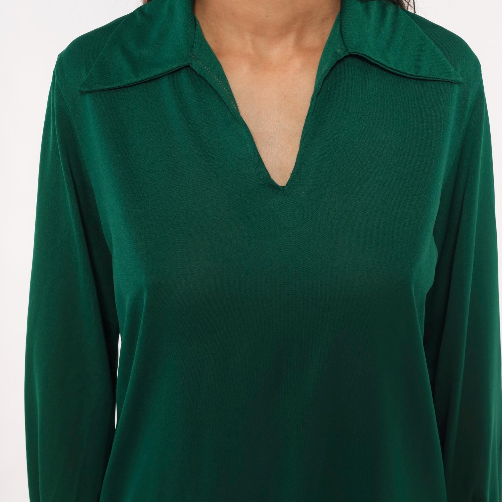 70s Sears Emerald Polo Blouse V-Neck Spread Collar Balloon Sleeve Large