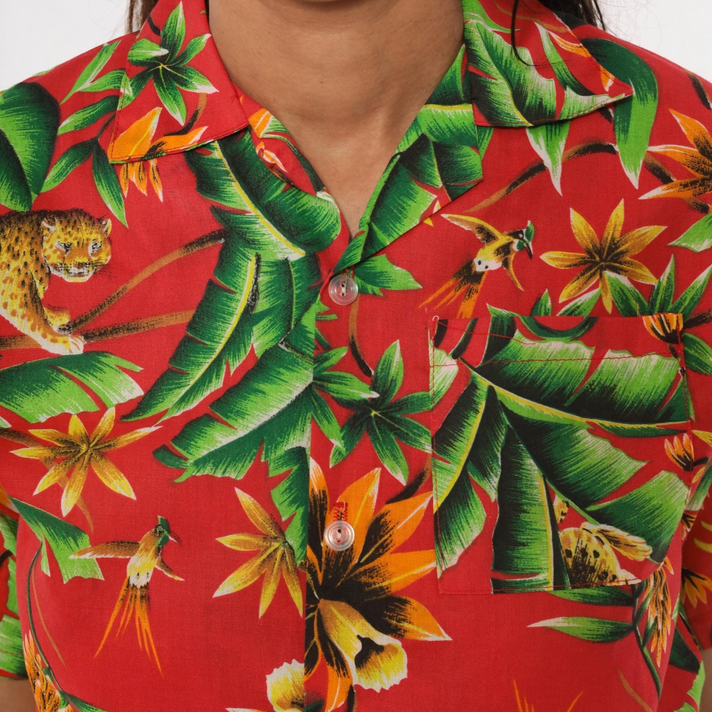 80s Jungle Leopard Hawaiian Shirt Red Tropical Cotton Rayon Camp Collar Extra Small XS