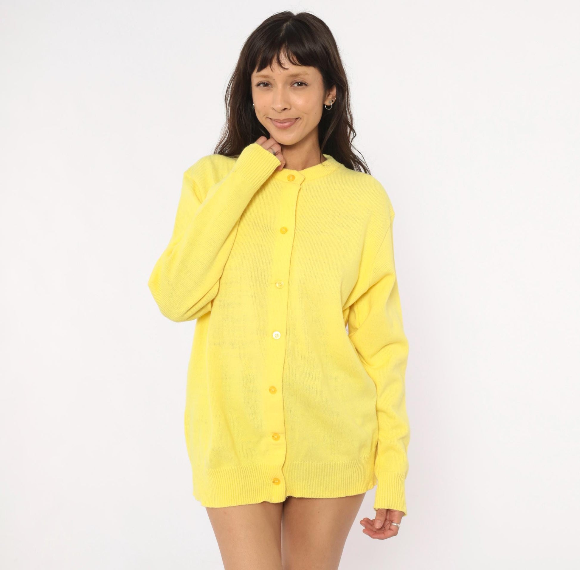 80s Yellow Cardigan School Apparel Button Front Knit Sweater Medium M