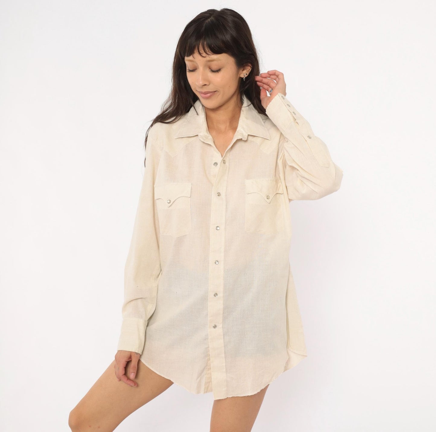 80s Karman Western Shirt Cream Pearl Snap Button Pointed Collar Mens Medium