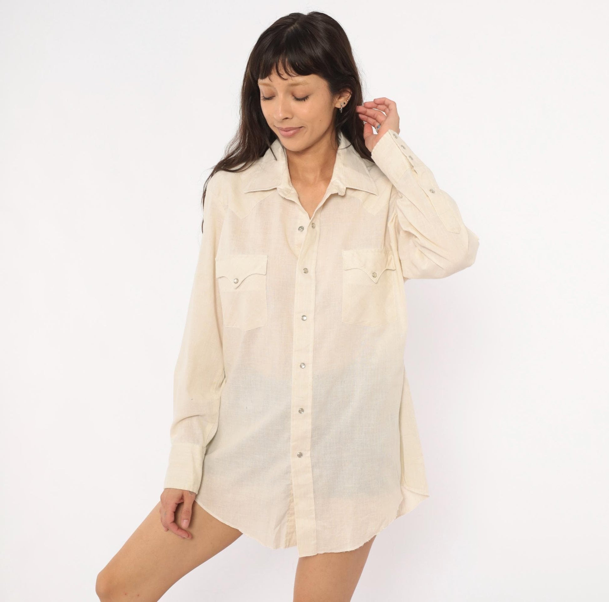 80s Karman Western Shirt Cream Pearl Snap Button Pointed Collar Mens Medium