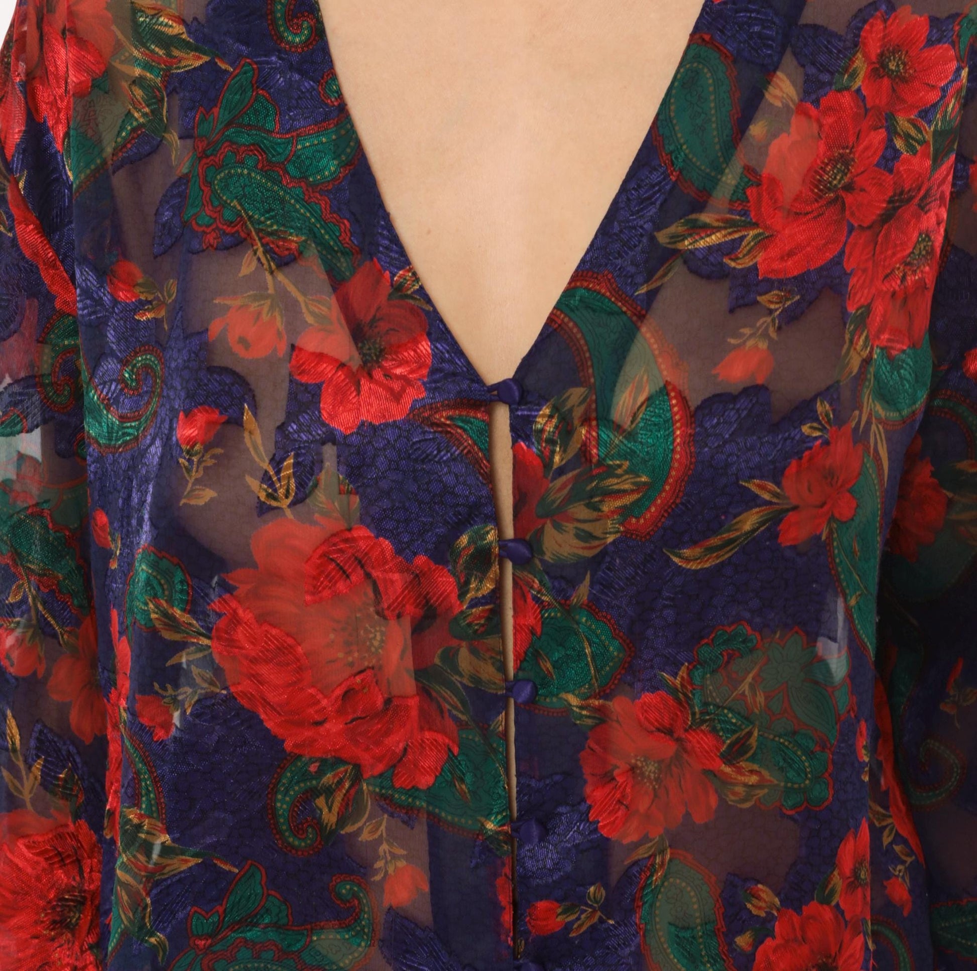 90s Victoria's Secret Sheer Kimono Robe Navy Floral Rose Print Small