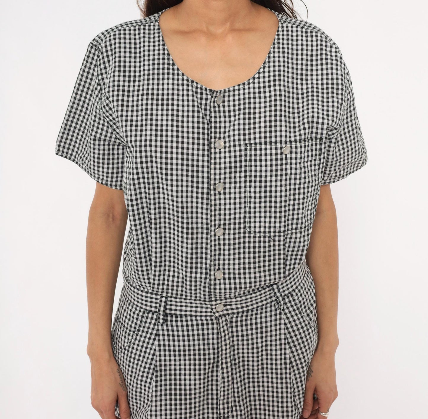 90s Lizwear Black White Gingham Cotton Jumpsuit Tapered Leg Large L