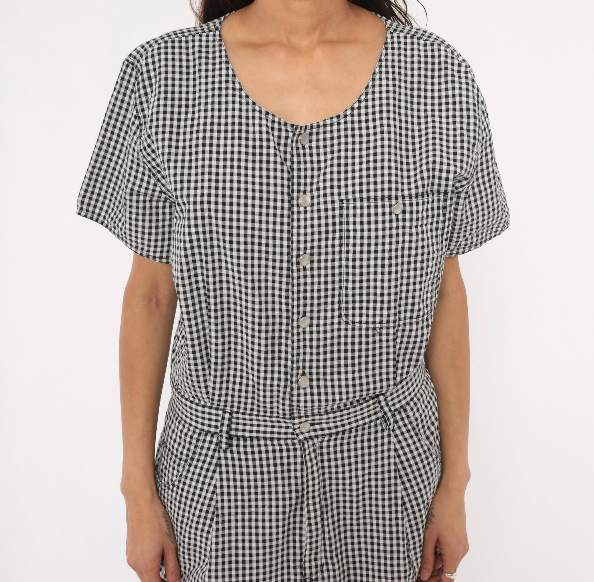 90s Lizwear Black White Gingham Cotton Jumpsuit Tapered Leg Large L