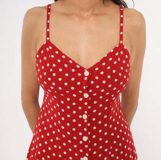 90s Moda INTL Red Polka Dot Sundress Spaghetti Strap V Neck Mini Small S