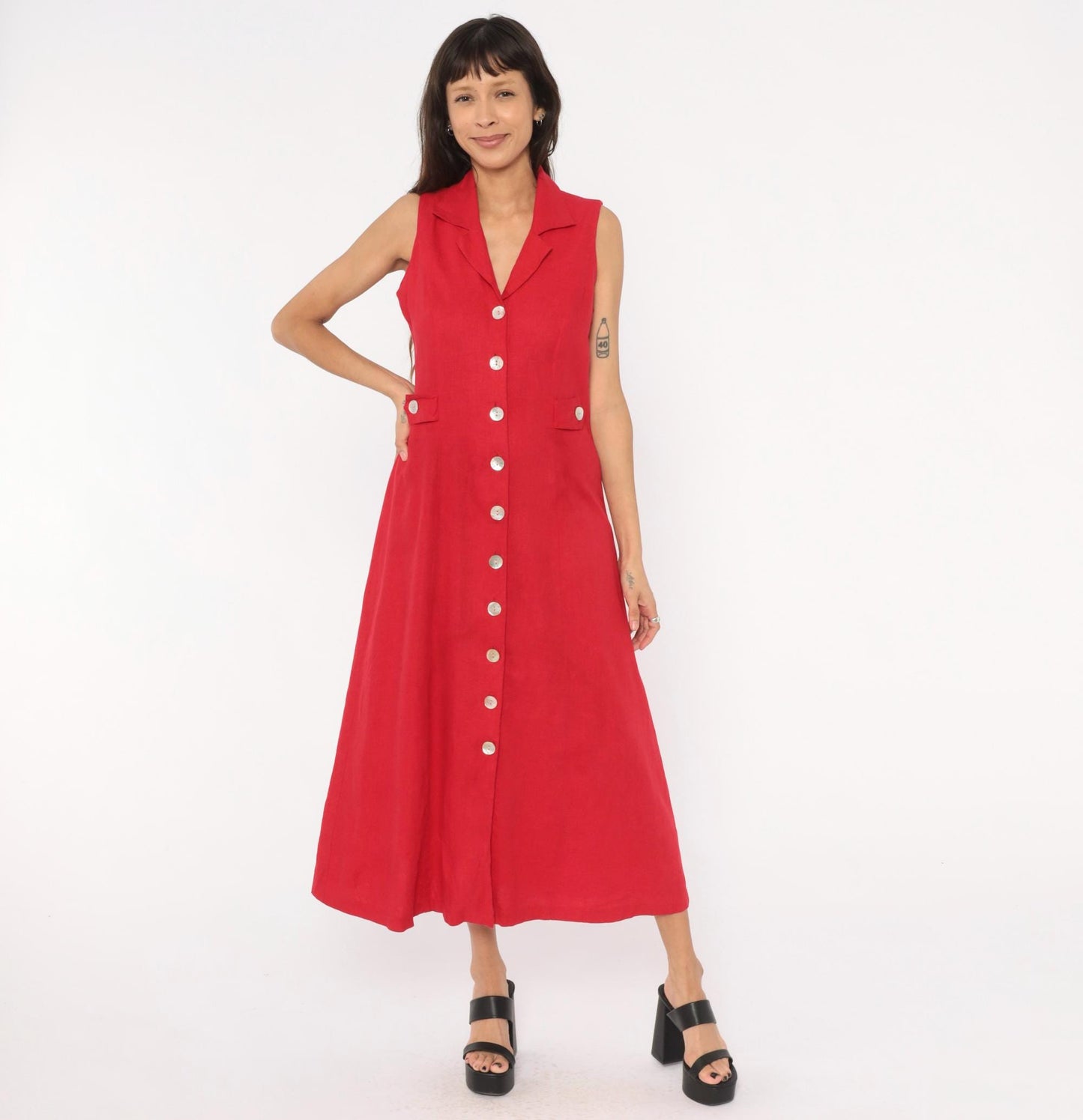 90s Ultra Dress Red Linen Button-Front Maxi Shirtdress Small S
