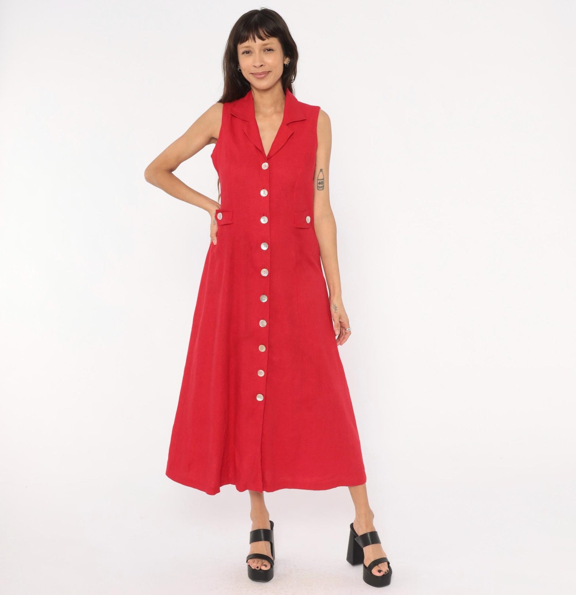 90s Ultra Dress Red Linen Button-Front Maxi Shirtdress Small S