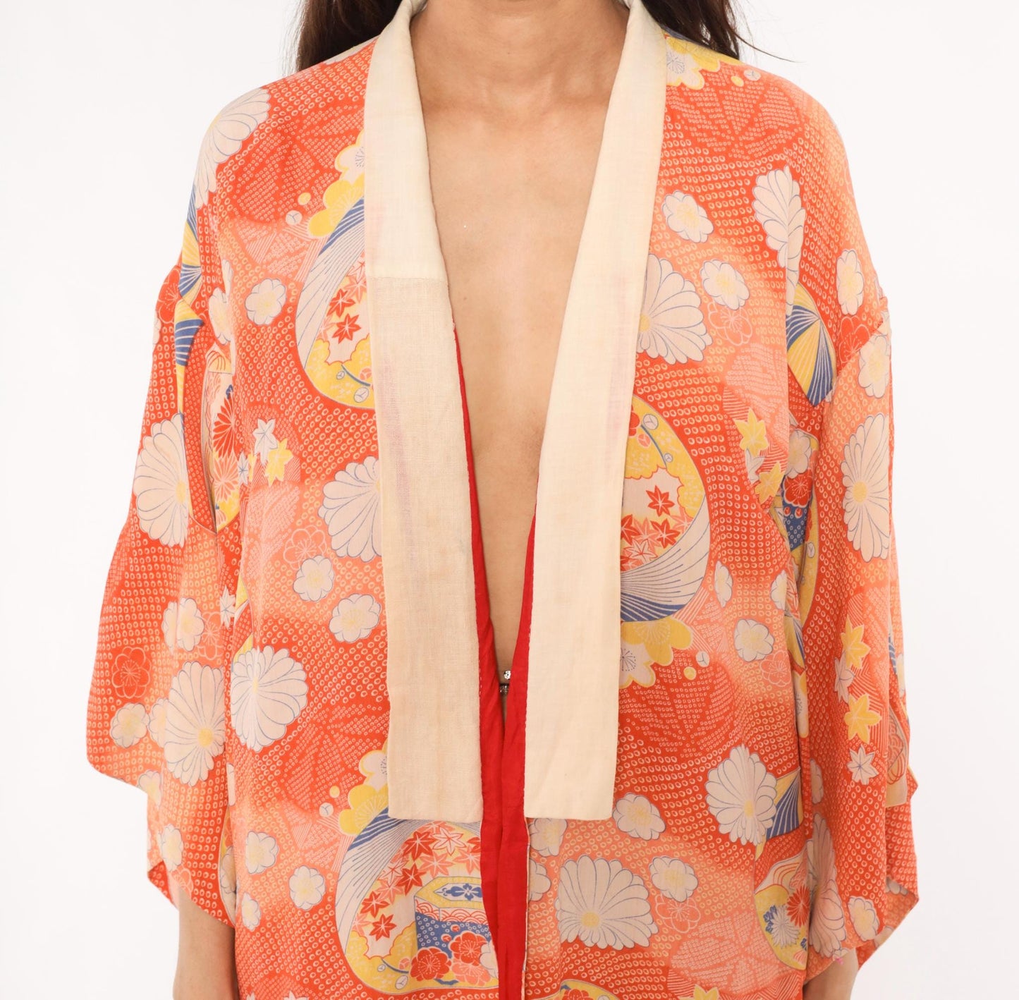 70s Japanese Silk Kimono Robe Orange Floral Chrysanthemum Midi Medium M