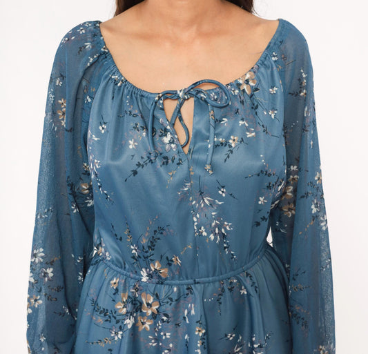 70s Steel Blue Wildflower Peasant Dress Bishop Sleeve Tie Front Knee Length Large L