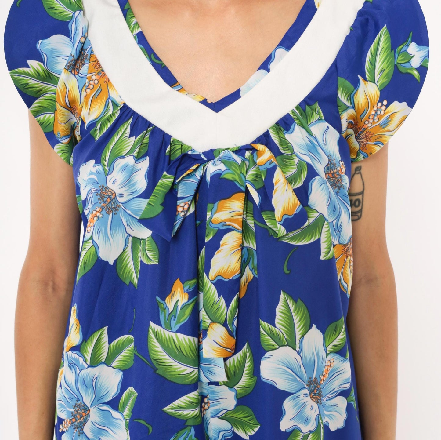 80s Hilo Hatties Hawaiian Floral Mini Dress Cobalt Blue Hibiscus Small S