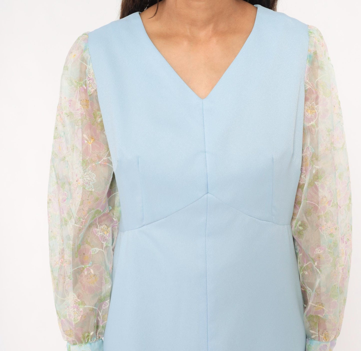 70s Sky Blue Mini Dress Sheer Floral Organza Bishop Sleeves Medium M