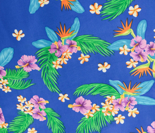 80s Hilo Hatties Hawaiian Maxi Dress Cobalt Blue Floral Palm Leaf Medium