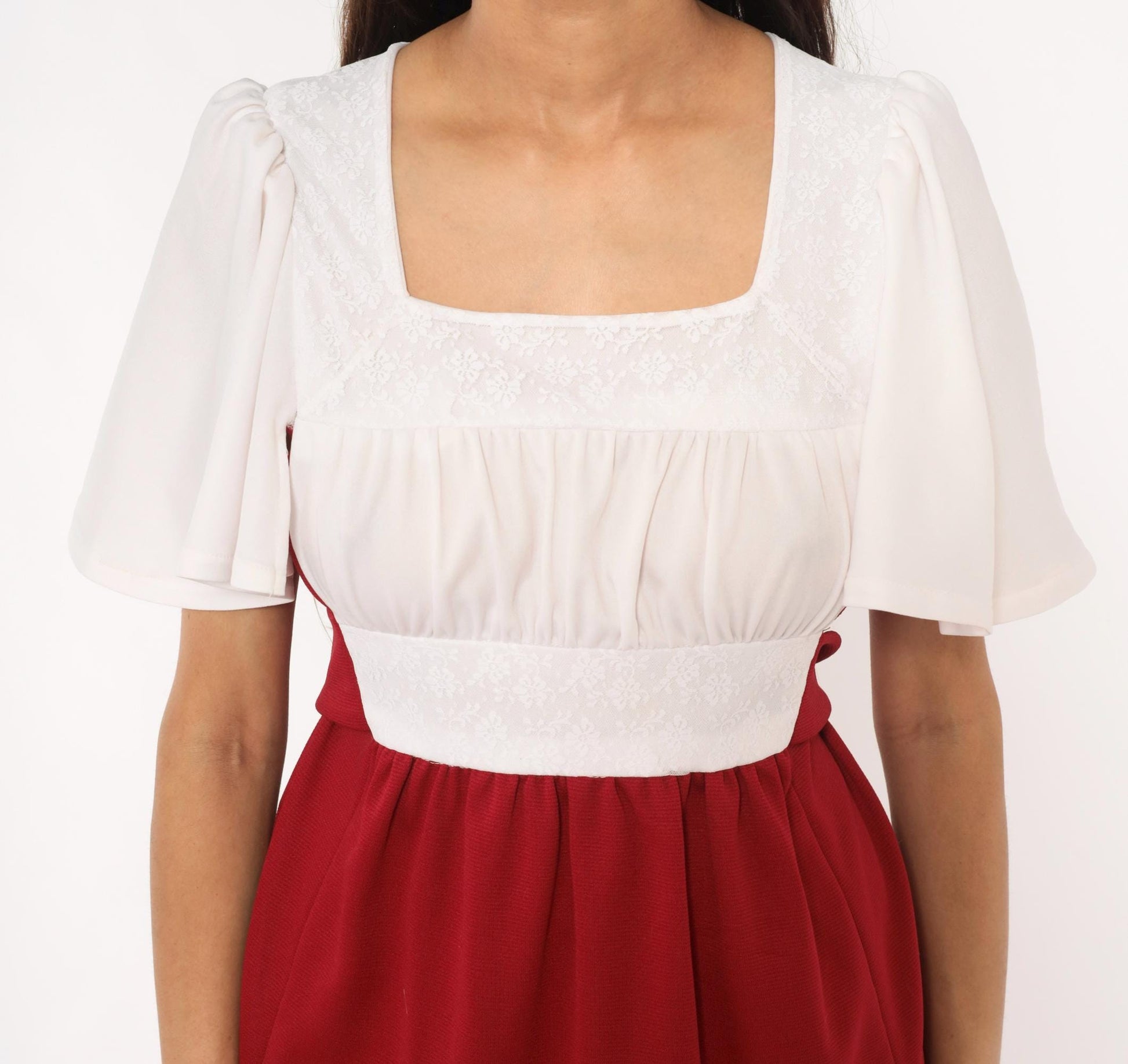 70s Burgundy Wine Mini Dress Ivory Bodice Puff Sleeve Square Neck Empire Waist Small