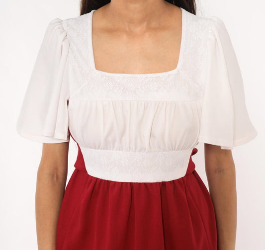 70s Burgundy Wine Mini Dress Ivory Bodice Puff Sleeve Square Neck Empire Waist Small