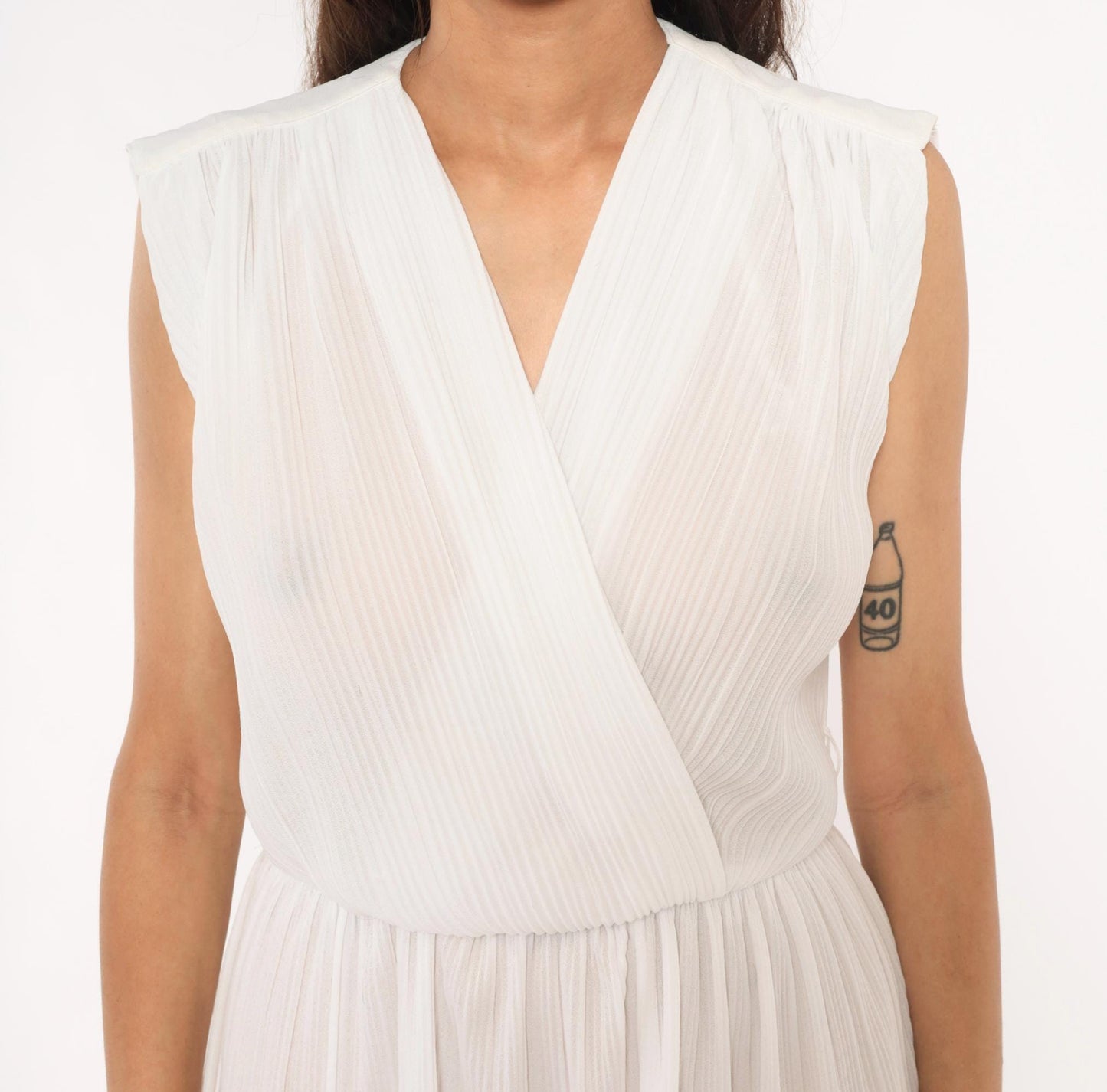 80s Jenny White Pleated Wrap Dress Chiffon V Neck Cap Shoulder Mini Small Medium
