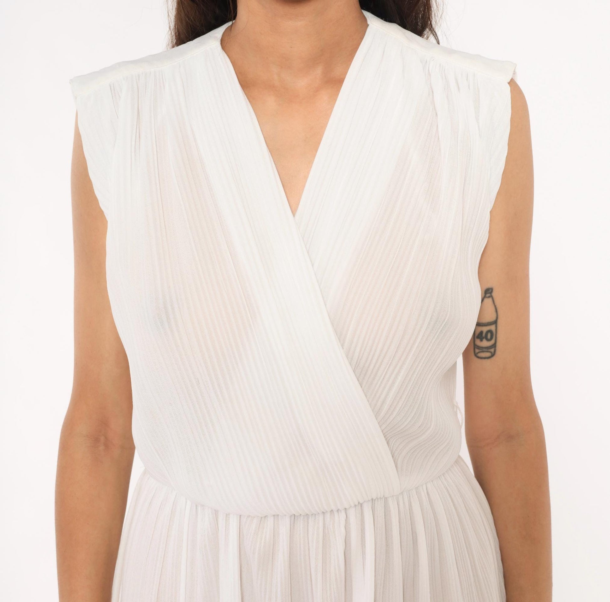80s Jenny White Pleated Wrap Dress Chiffon V Neck Cap Shoulder Mini Small Medium