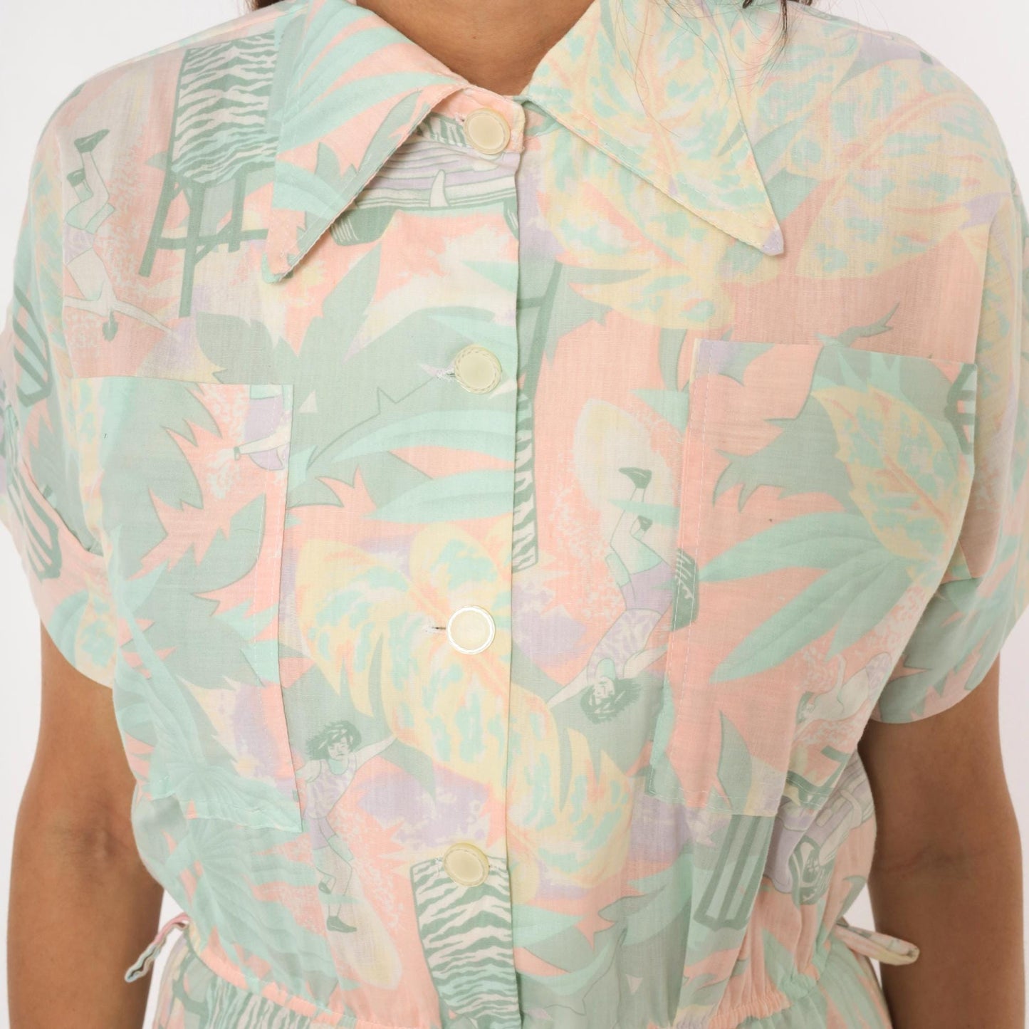 80s 3 Star Novelty Print Shirt Dress Pink Teal Knee-Length Small