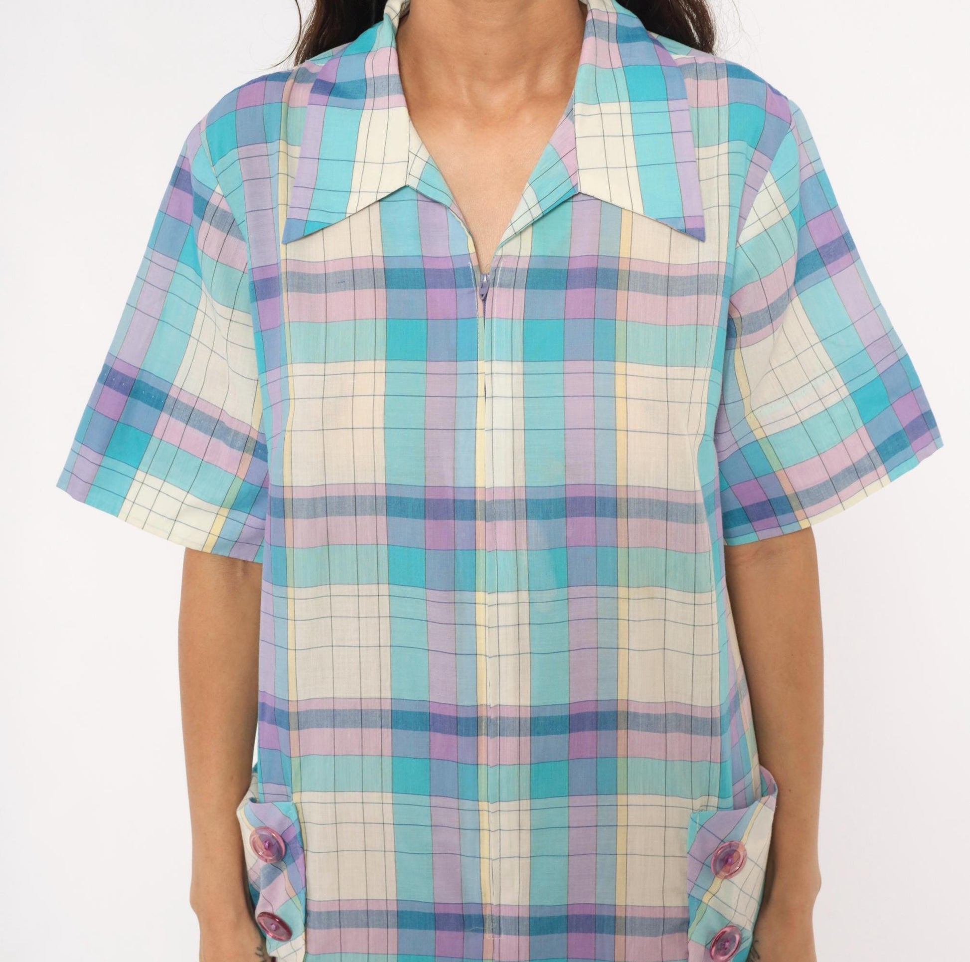 70s Pastel Plaid Zip-Front Housecoat Shift Dress Aqua Purple Knee Length Extra Large