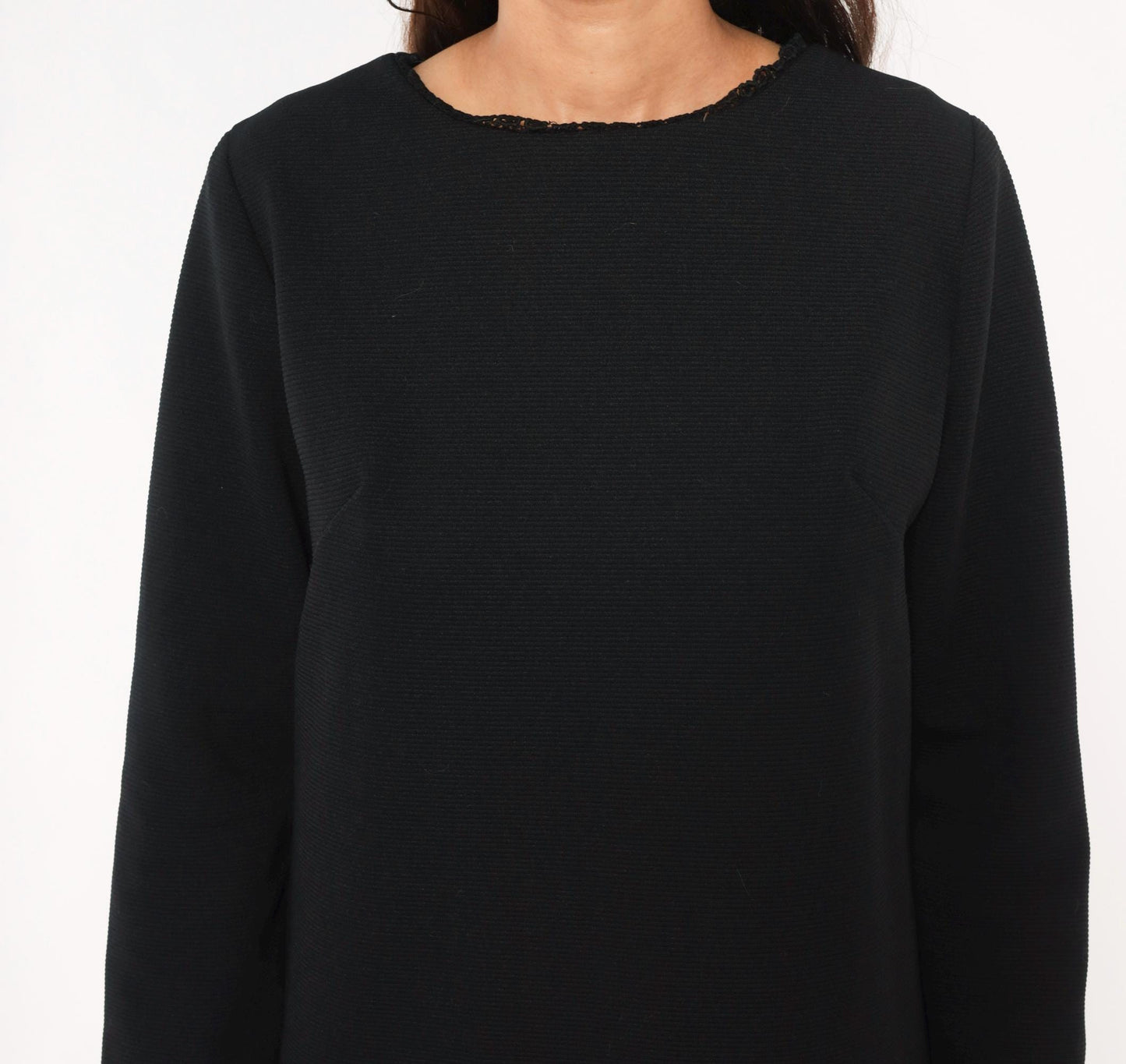 70s Meg Madison Black Shift Dress Lace Trim Long Sleeve Mini Crew Neck Large L